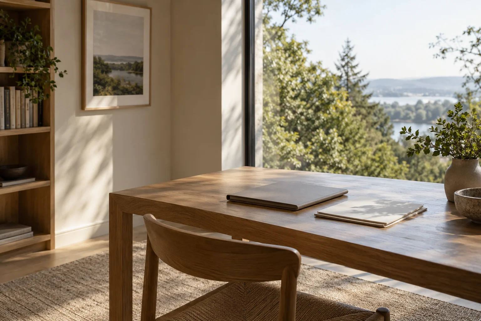 A quiet desk with papers, a closed folder and natural light from a garden window.