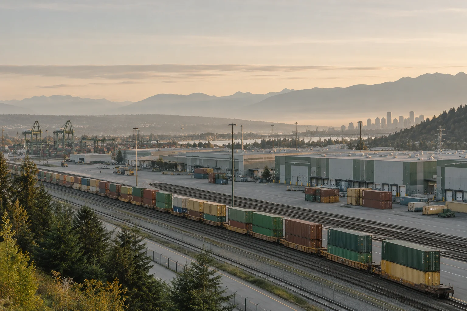 Rail freight, warehouses and a distant city.