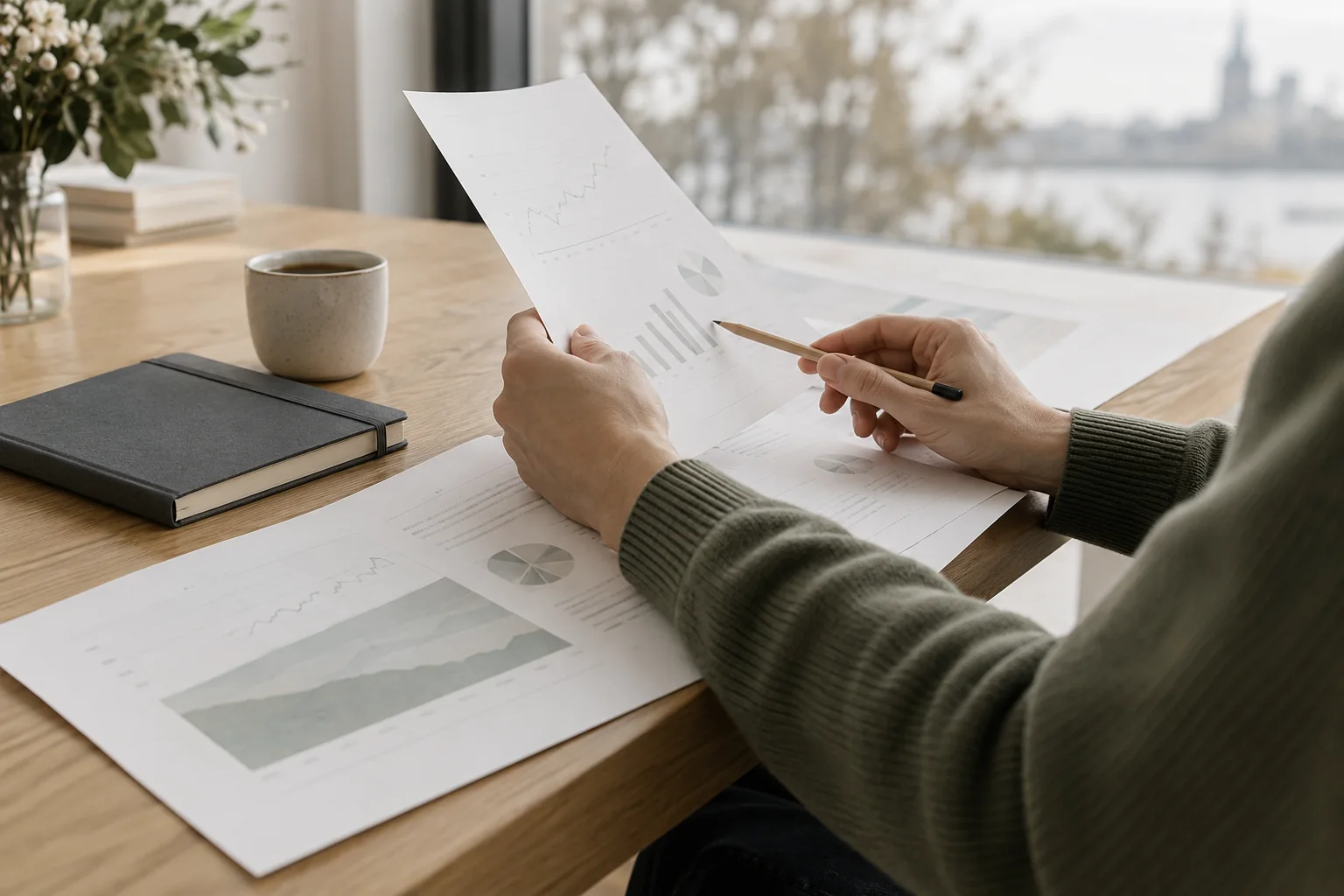 Hands reviewing printed research and charts at a desk.